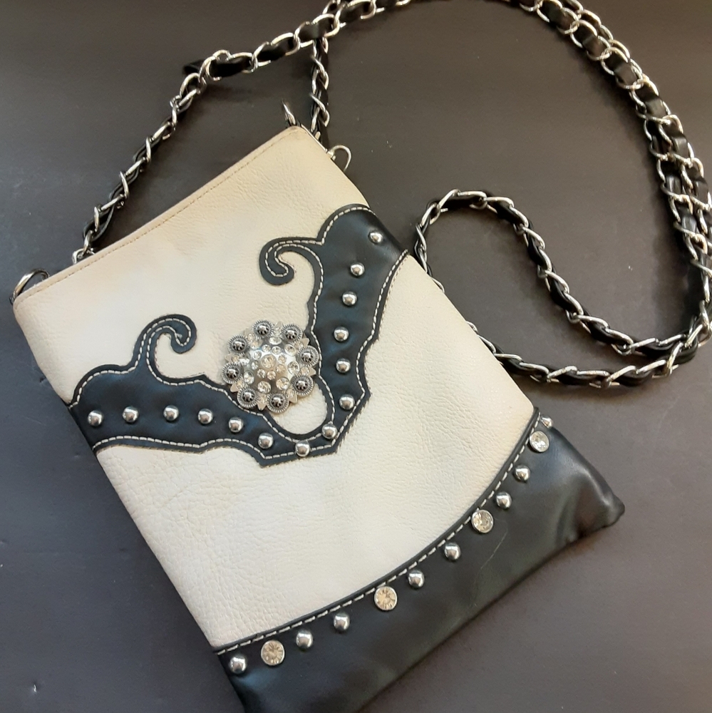 Rustic Couture Crossbody Studded Black White Leath